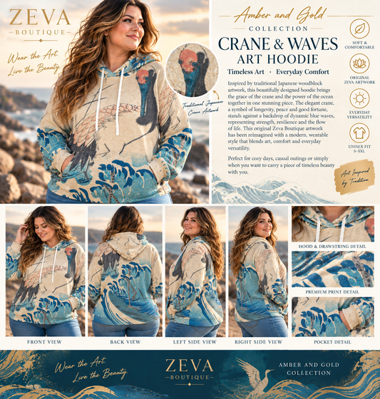 Zeva Boutique Crane and Waves hoodie on plus-size model, promotional front back and side views