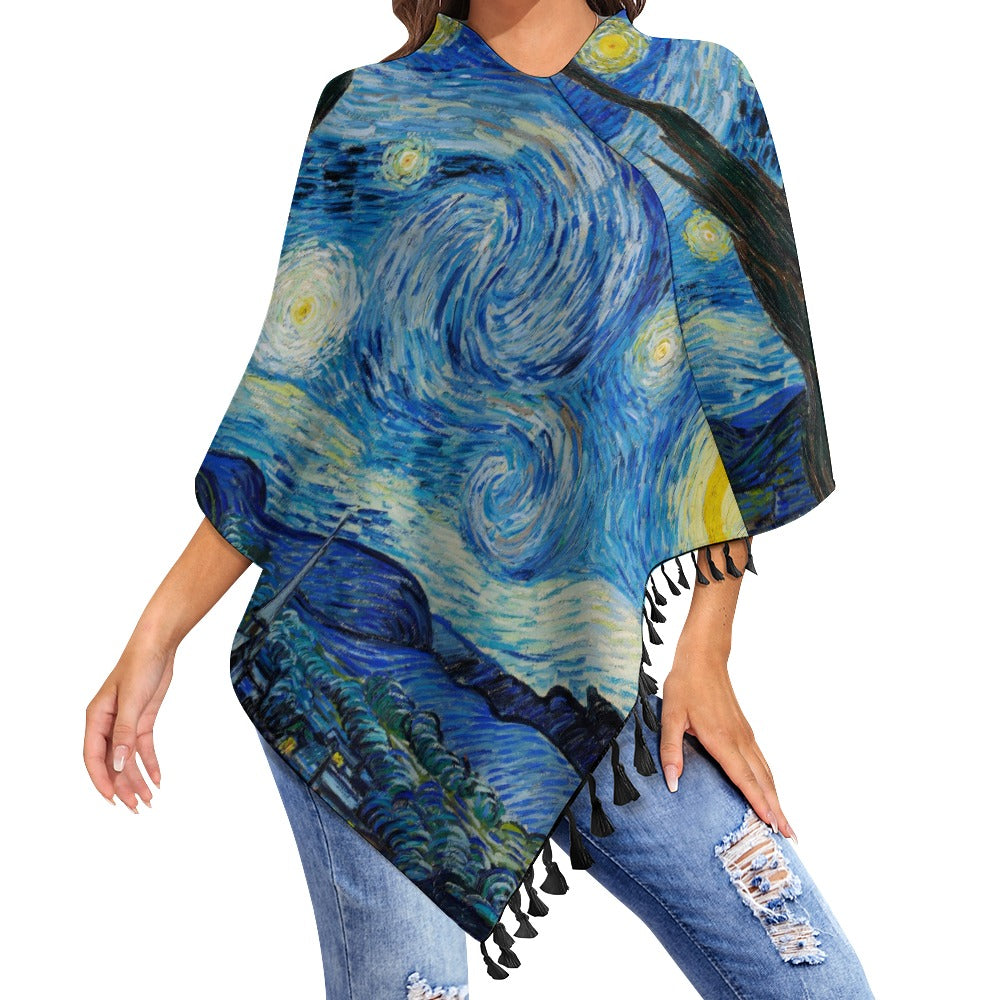 Van Gogh Starry Night Fringed Knit Cape