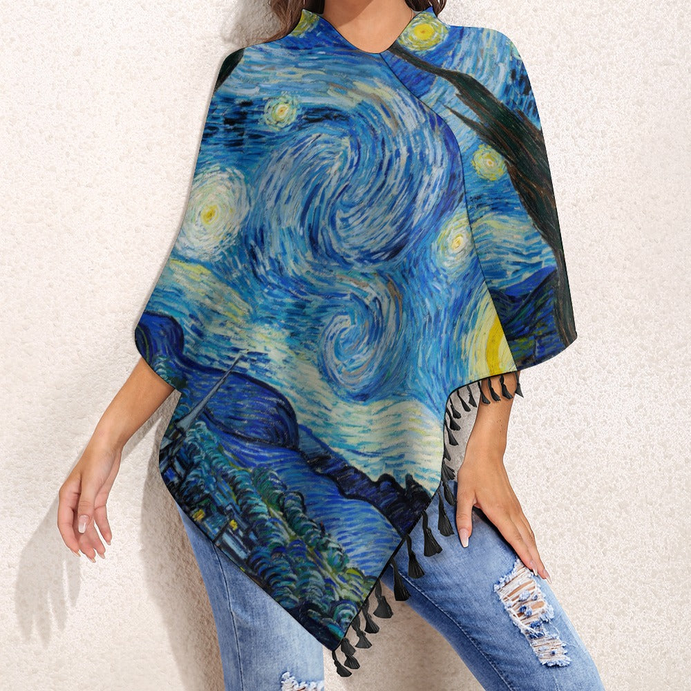 Van Gogh Starry Night Fringed Knit Cape