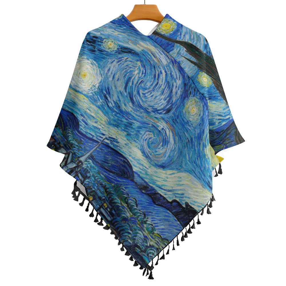 Van Gogh Starry Night Fringed Knit Cape